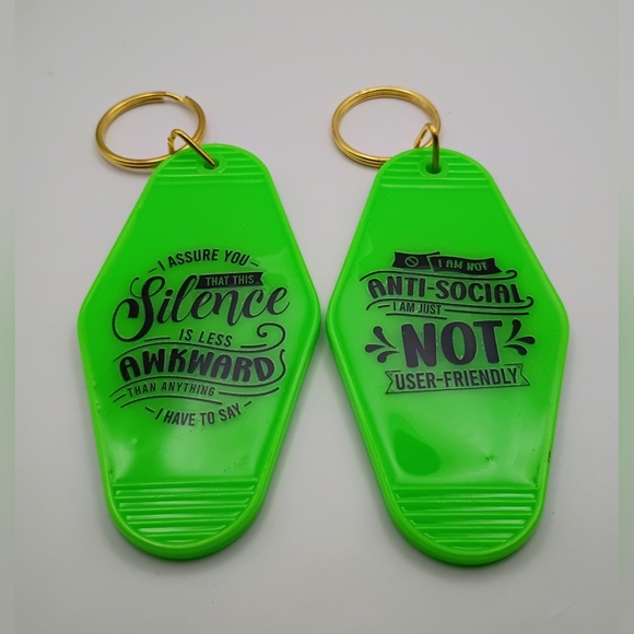 Motel Keychain Custom Retro Styled Green Black Antisocial Keyrings - Picture 1 of 2